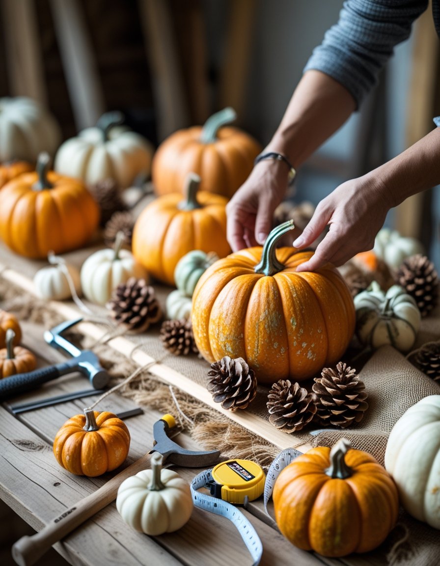 Hands arranging pumpkins and natural materials on a wooden table with simple tools nearby.