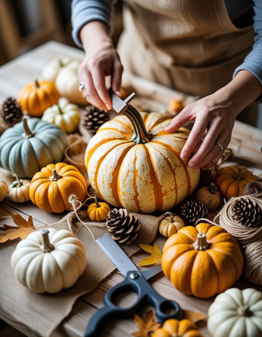 Hands arranging pumpkins and natural materials on a wooden table with simple tools nearby.