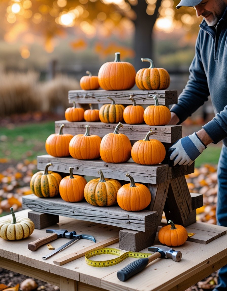 Hands assembling a wooden pumpkin stand outdoors with pumpkins displayed on it and woodworking tools nearby.