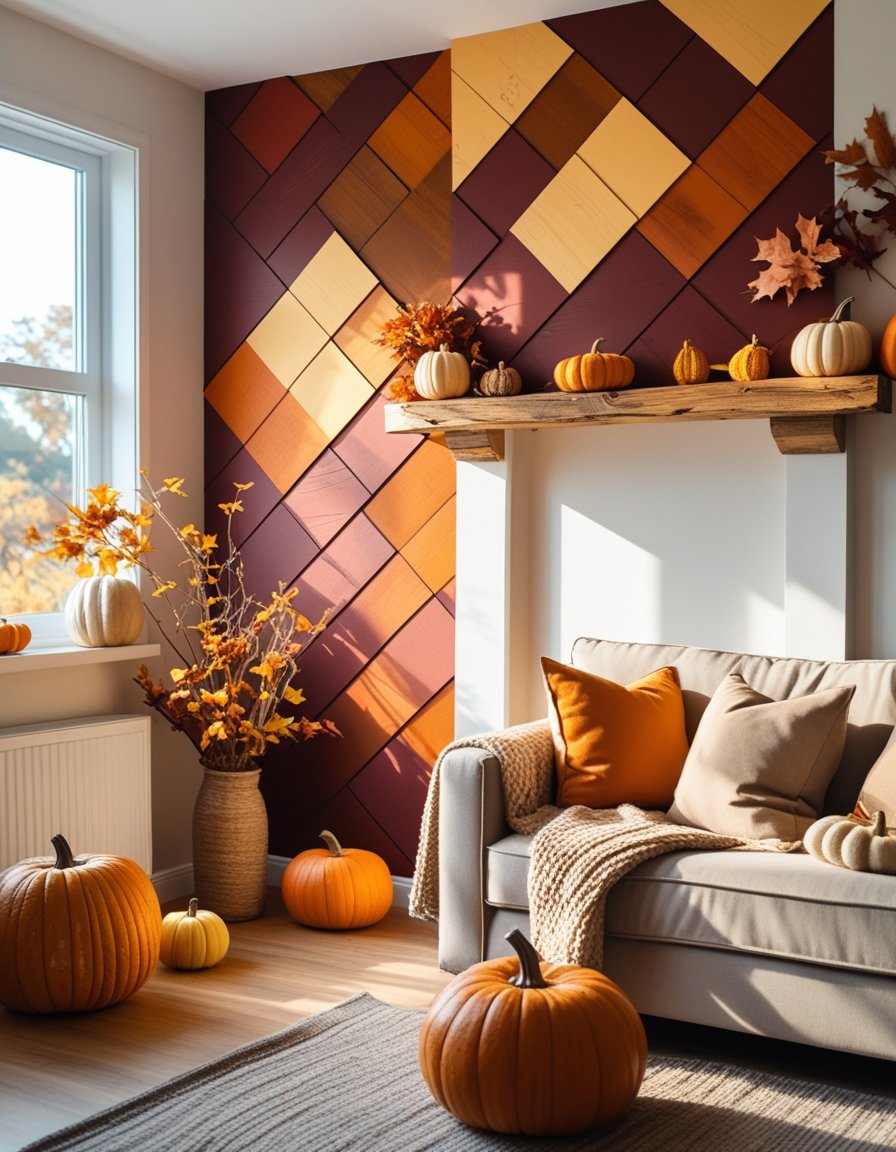 Cozy living room with a warm autumn-themed DIY accent wall and fall decorations like pumpkins and dried leaves.