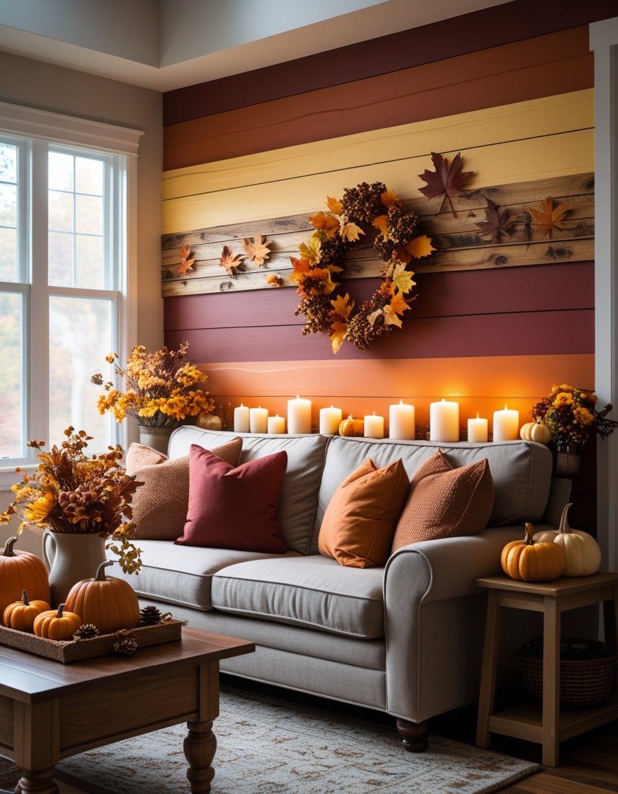 A living room with a warm autumn-themed accent wall, a sofa, and seasonal decorations like pumpkins and candles.