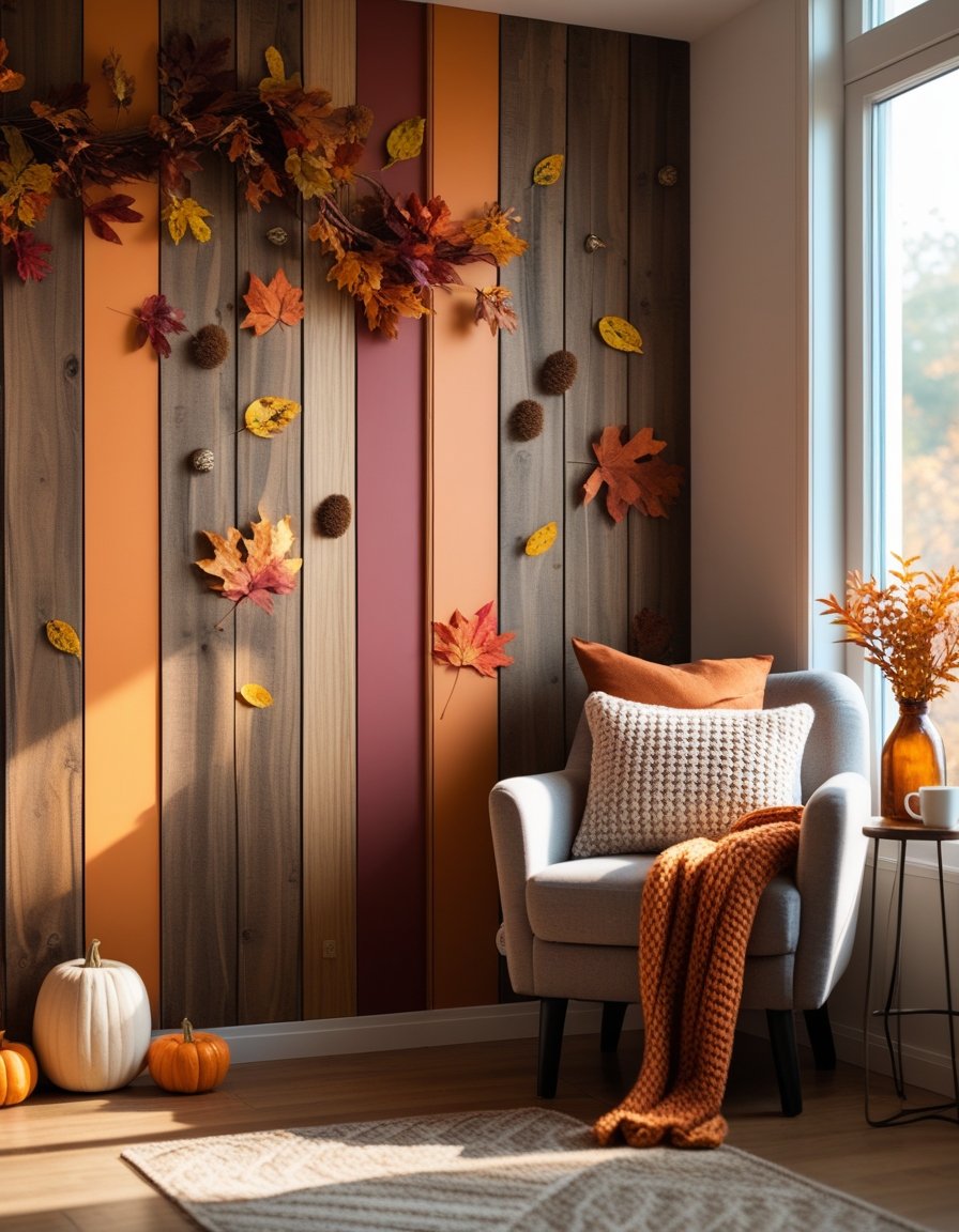 A cozy living room corner with a warm autumn-themed accent wall, an armchair with a blanket, and a small side table with a mug and vase of fall leaves.