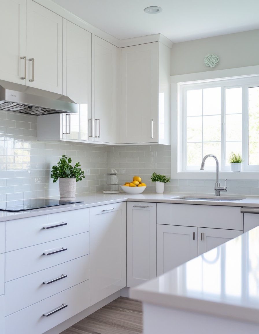 A modern kitchen with new cabinet hardware and a stylish tile backsplash, brightly lit and freshly updated.
