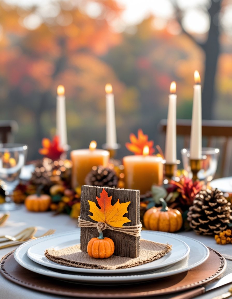 A Thanksgiving table set outdoors with rustic wooden place cards decorated with fall leaves and miniature pumpkins, surrounded by autumn decorations and colorful fall foliage.