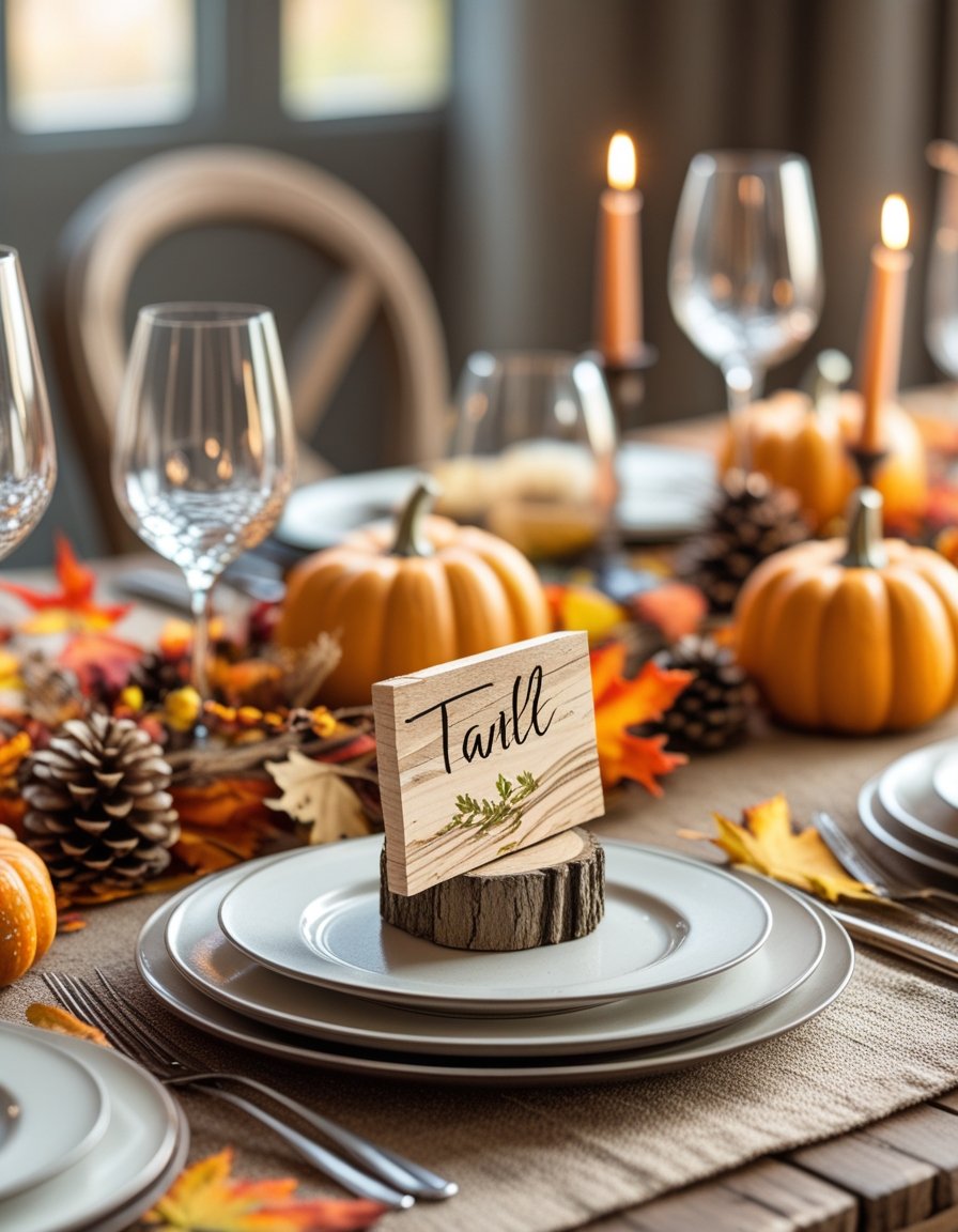 A Thanksgiving table with handmade wooden place cards, autumn decorations, and dinnerware arranged on a rustic wooden surface.