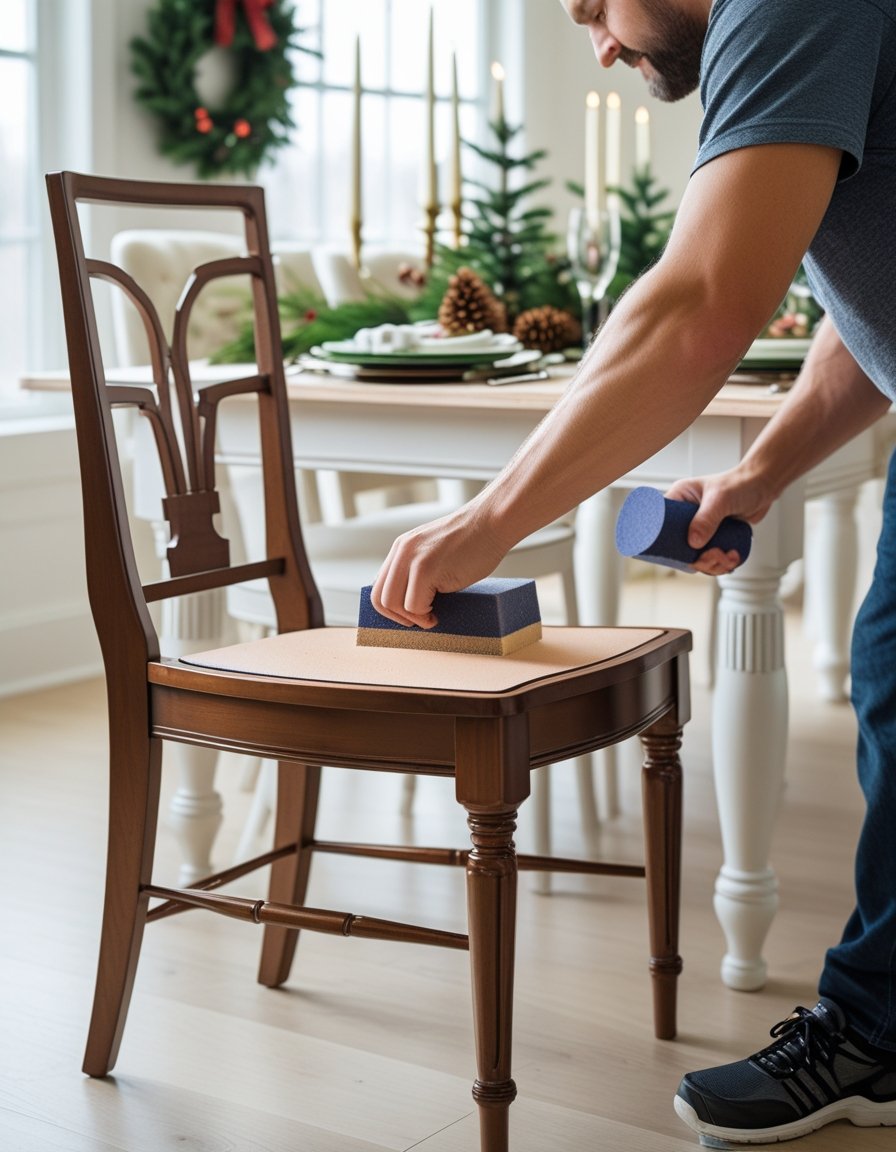 A person sanding a wooden dining chair near a holiday-decorated dining table in a bright room.