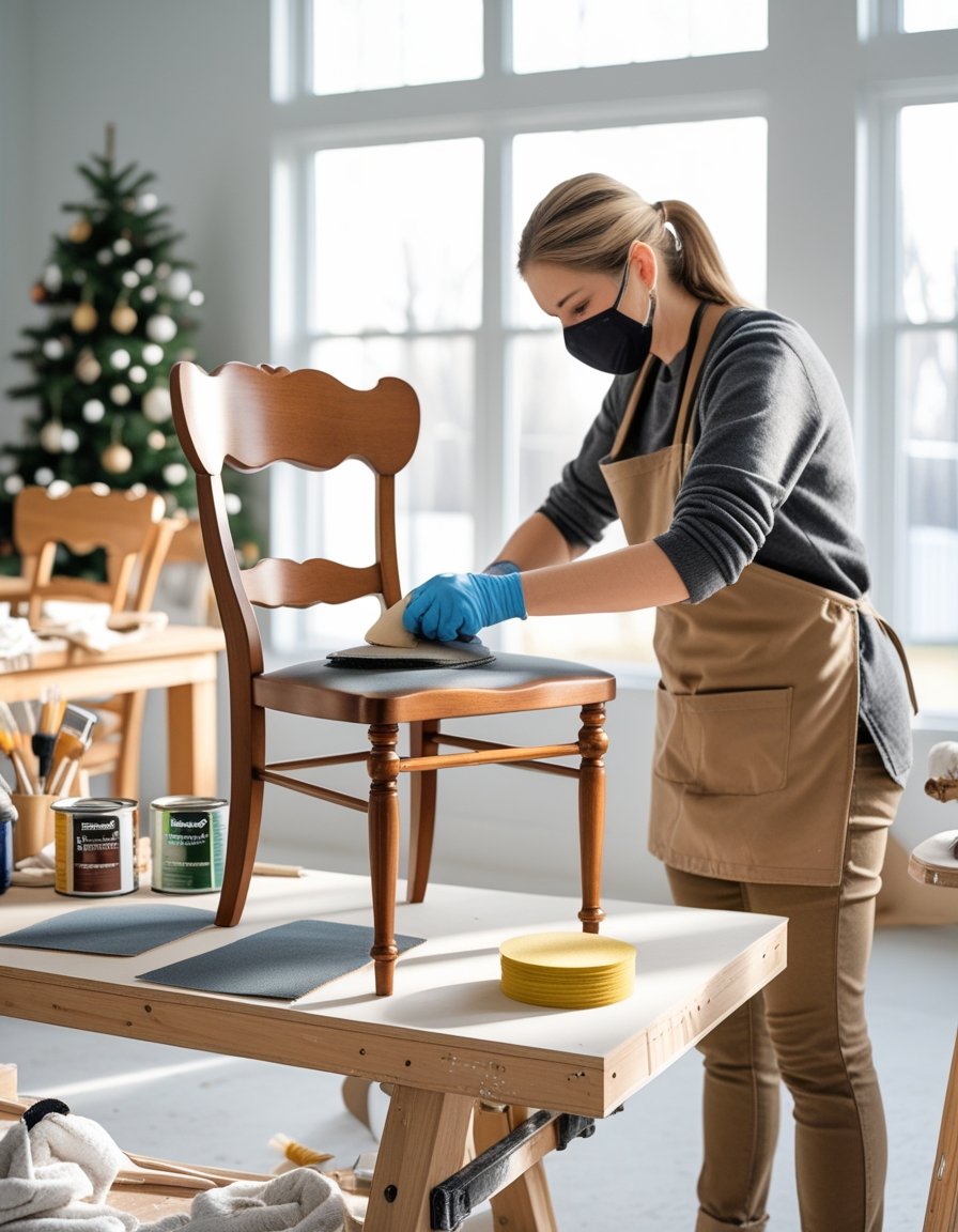 A person sanding a wooden dining chair in a bright indoor workspace with tools and materials arranged nearby.