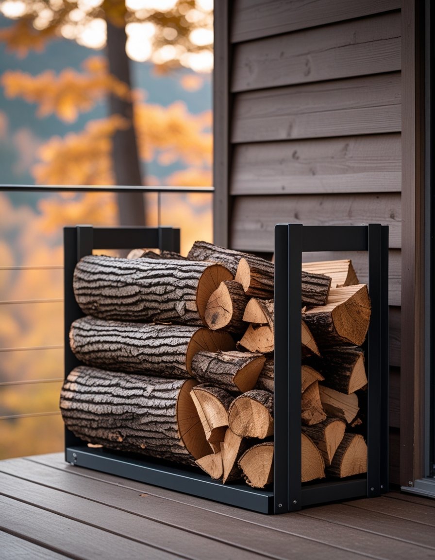 A compact firewood rack filled with neatly stacked logs outside a cabin with autumn trees in the background.