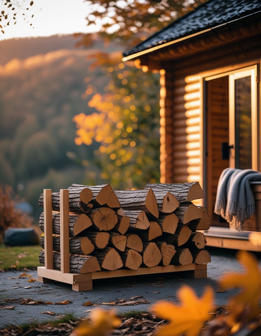 A compact wooden firewood rack neatly stacked with logs outside a cabin surrounded by greenery and autumn leaves.
