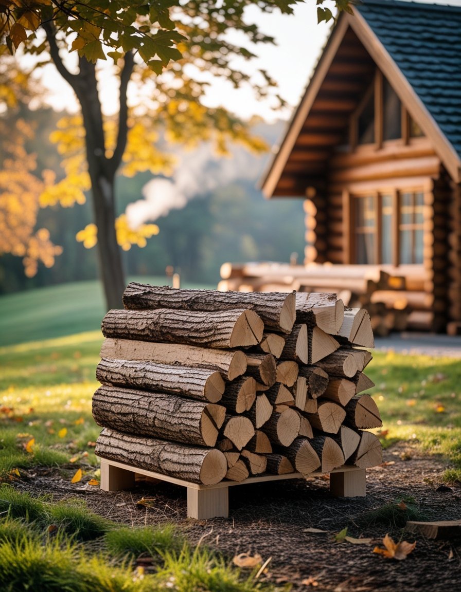 A compact firewood rack filled with stacked logs outdoors near a wooden cabin with trees and sunlight in the background.