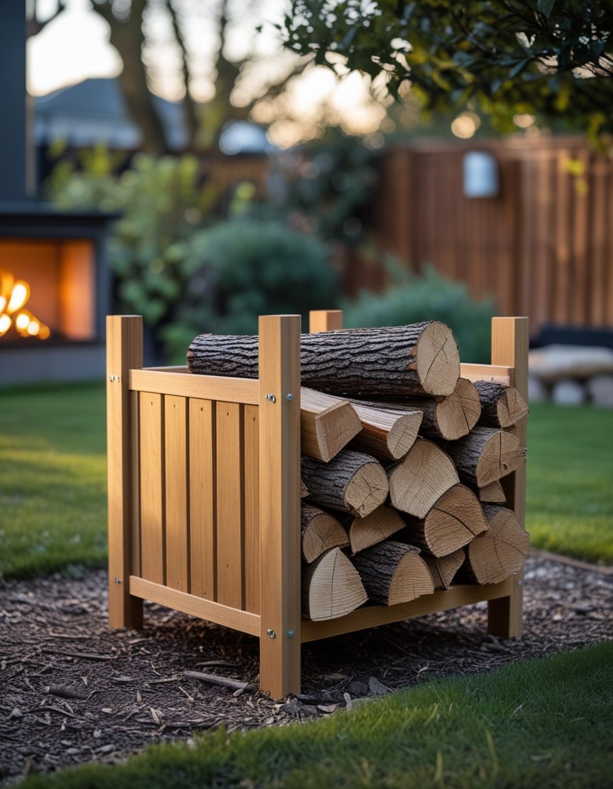 A compact wooden firewood rack holding neatly stacked firewood logs outdoors in a backyard setting.