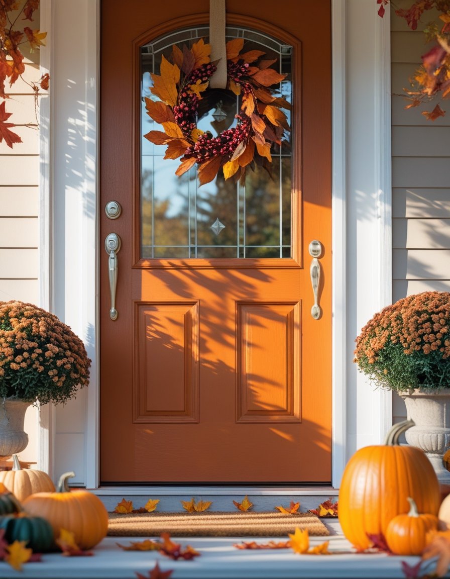 Hands painting a wooden front door orange with fall decorations including pumpkins and leaves around the entrance.