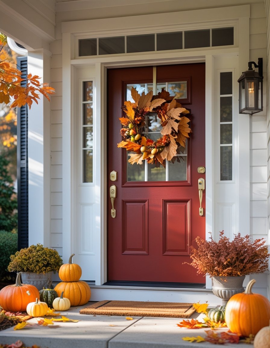 A front door freshly painted in warm fall colors with autumn decorations like pumpkins, leaves, and a wreath.