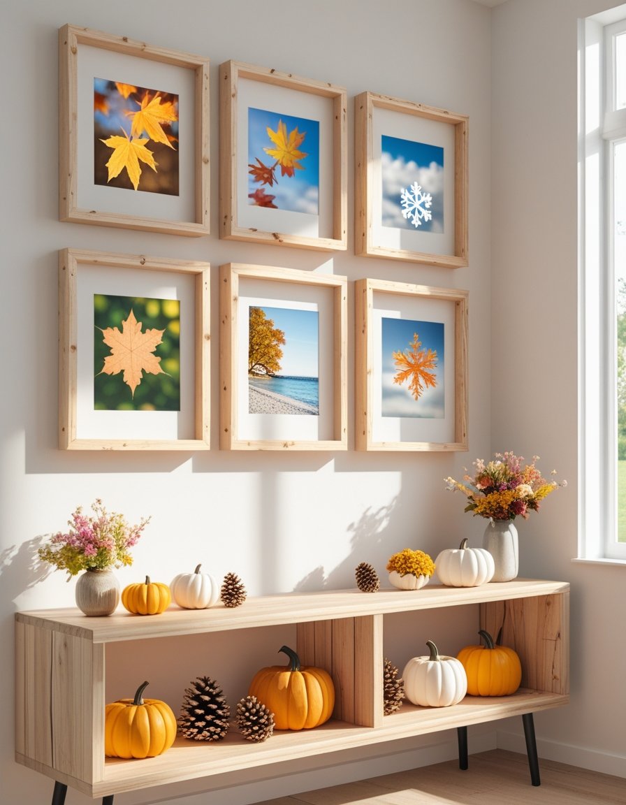 A wall decorated with multiple wooden frames containing seasonal pictures, above a wooden table with seasonal decorations.