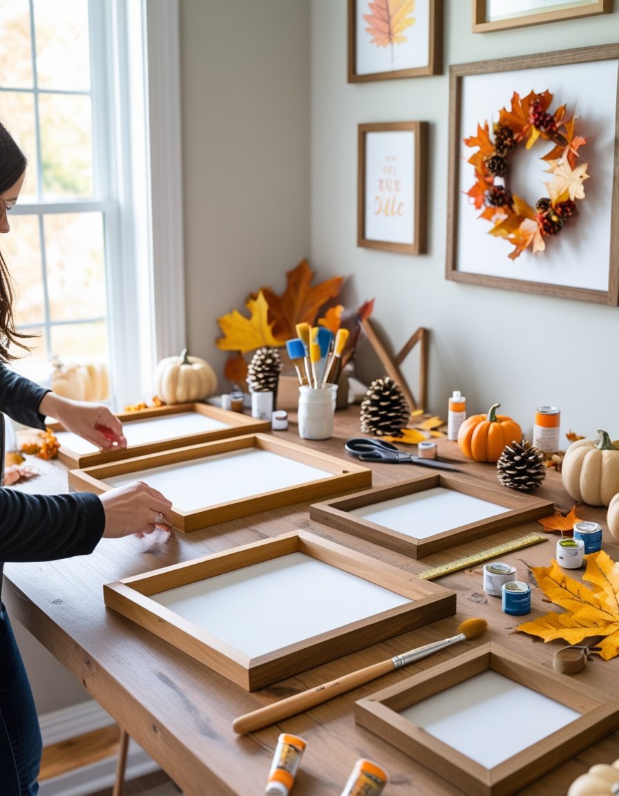 Hands arranging wooden picture frames and seasonal decorations on a table with a partially decorated wall in the background.