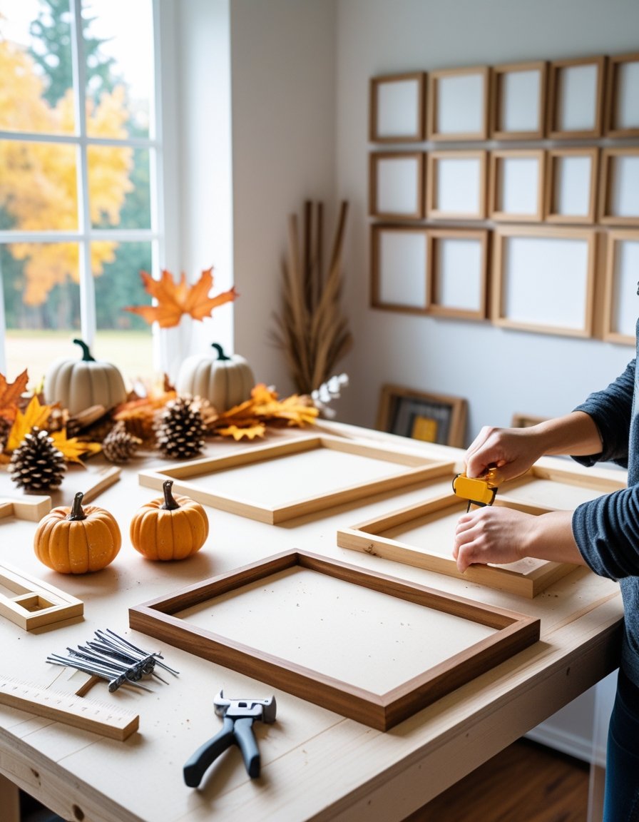Person assembling wooden frames on a table with woodworking tools and autumn decorations nearby.