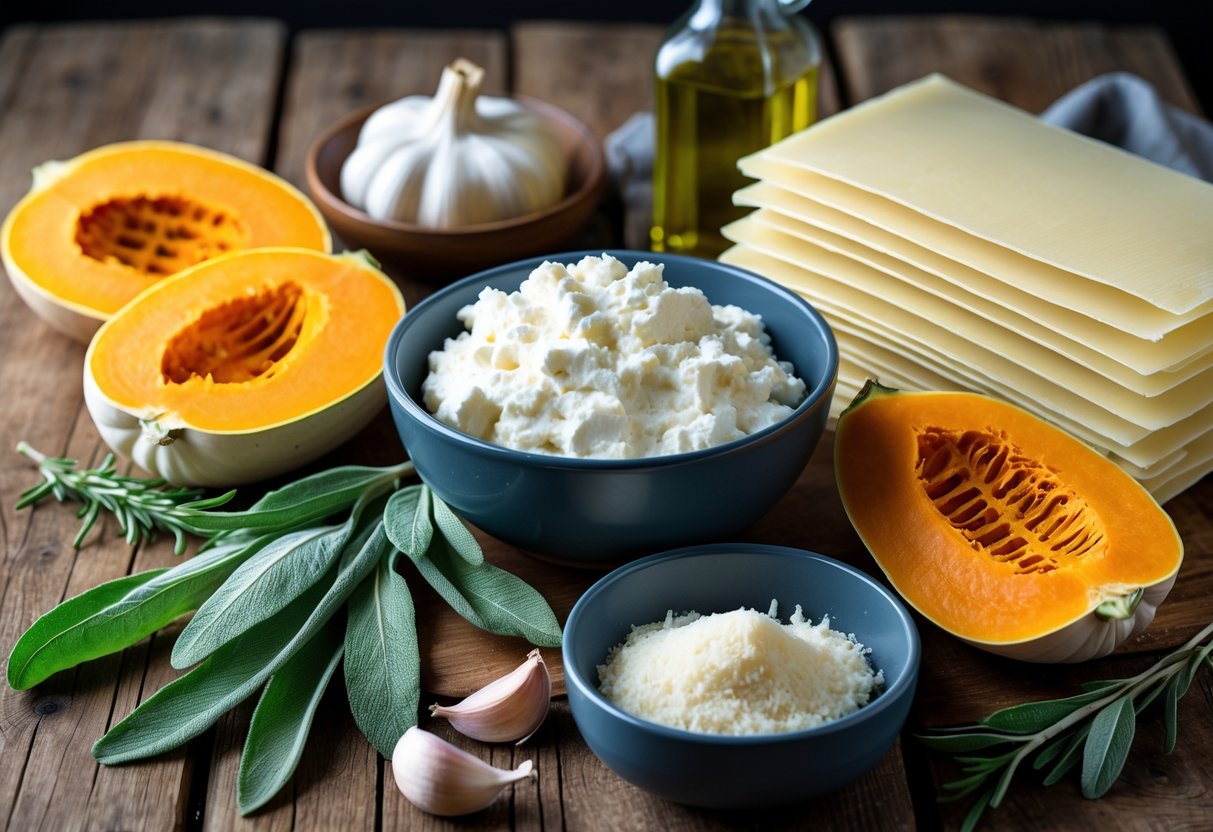 An arrangement of fresh pumpkin slices, ricotta cheese, lasagna sheets, Parmesan cheese, garlic, olive oil, and fresh herbs on a wooden surface.