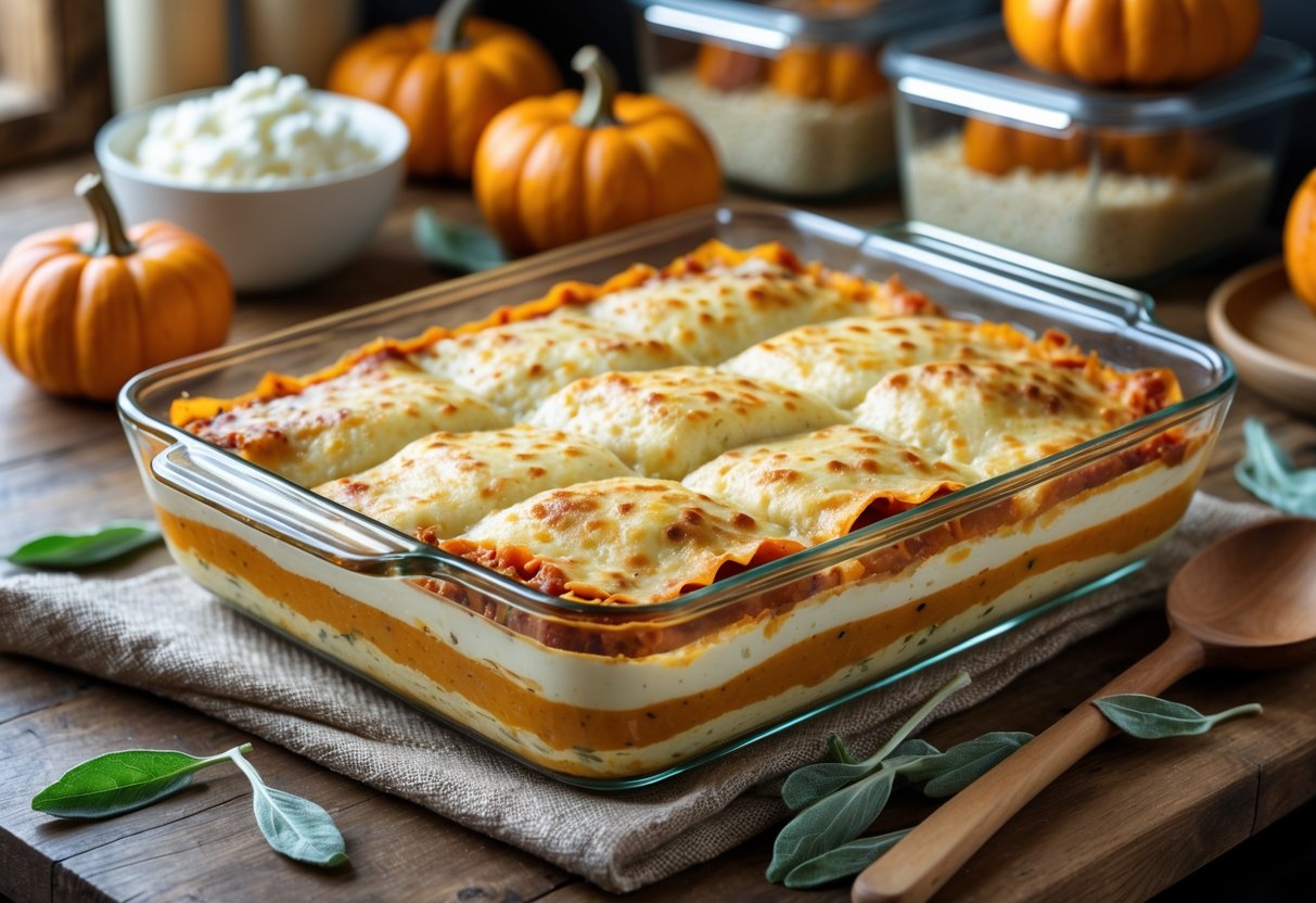 A plate of pumpkin ricotta lasagna with melted cheese and sage garnish on a wooden table.