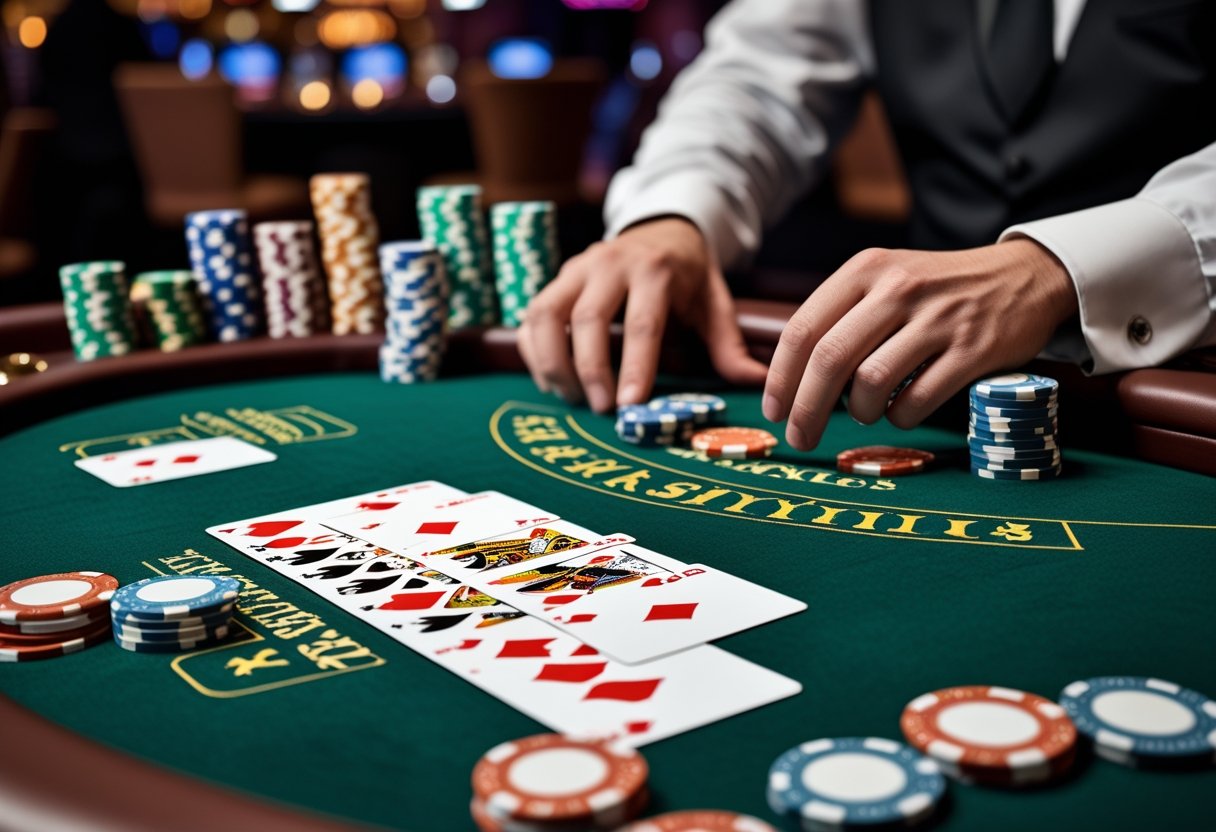 Close-up of a blackjack table with playing cards, 