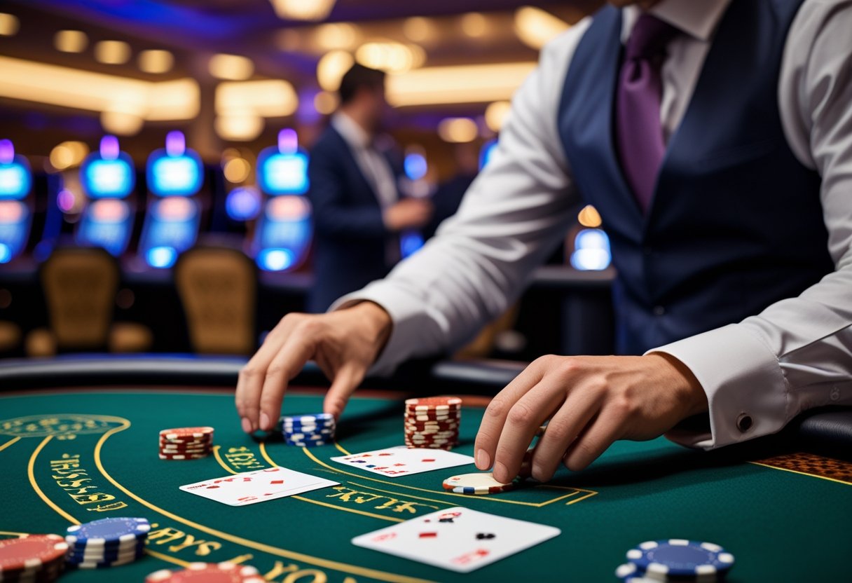 A person placing chips on a blackjack table with cards and chips