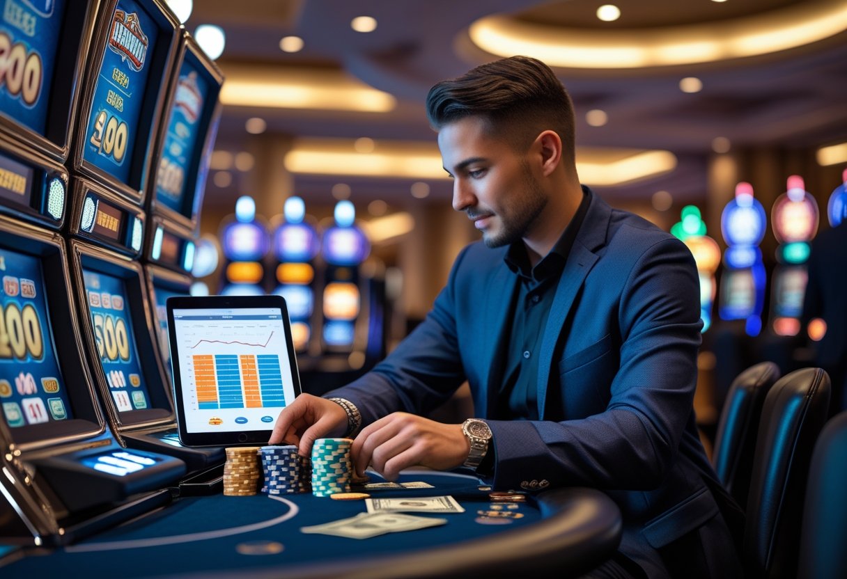 A person organizing poker chips and cash next to a slot machine