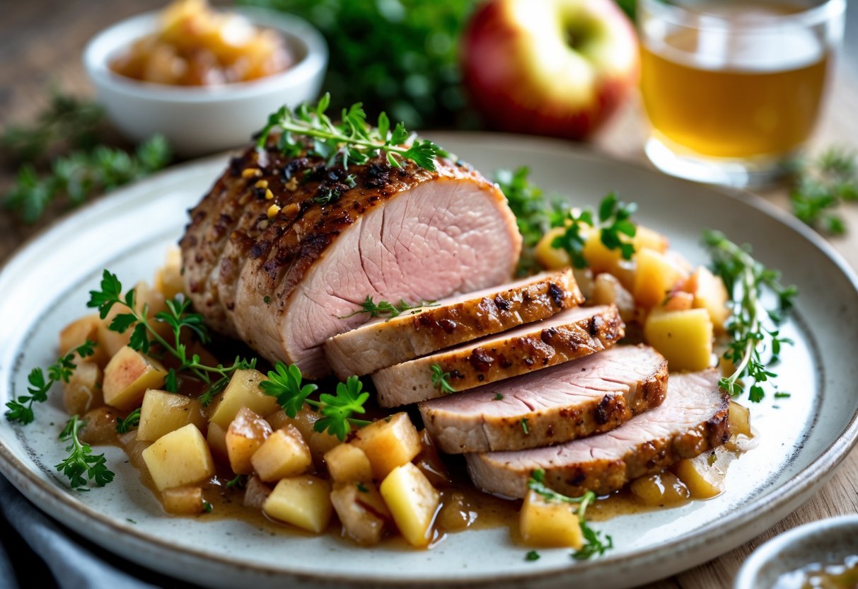 A plate with sliced pork tenderloin and apple chutney garnished with fresh herbs on a wooden table.