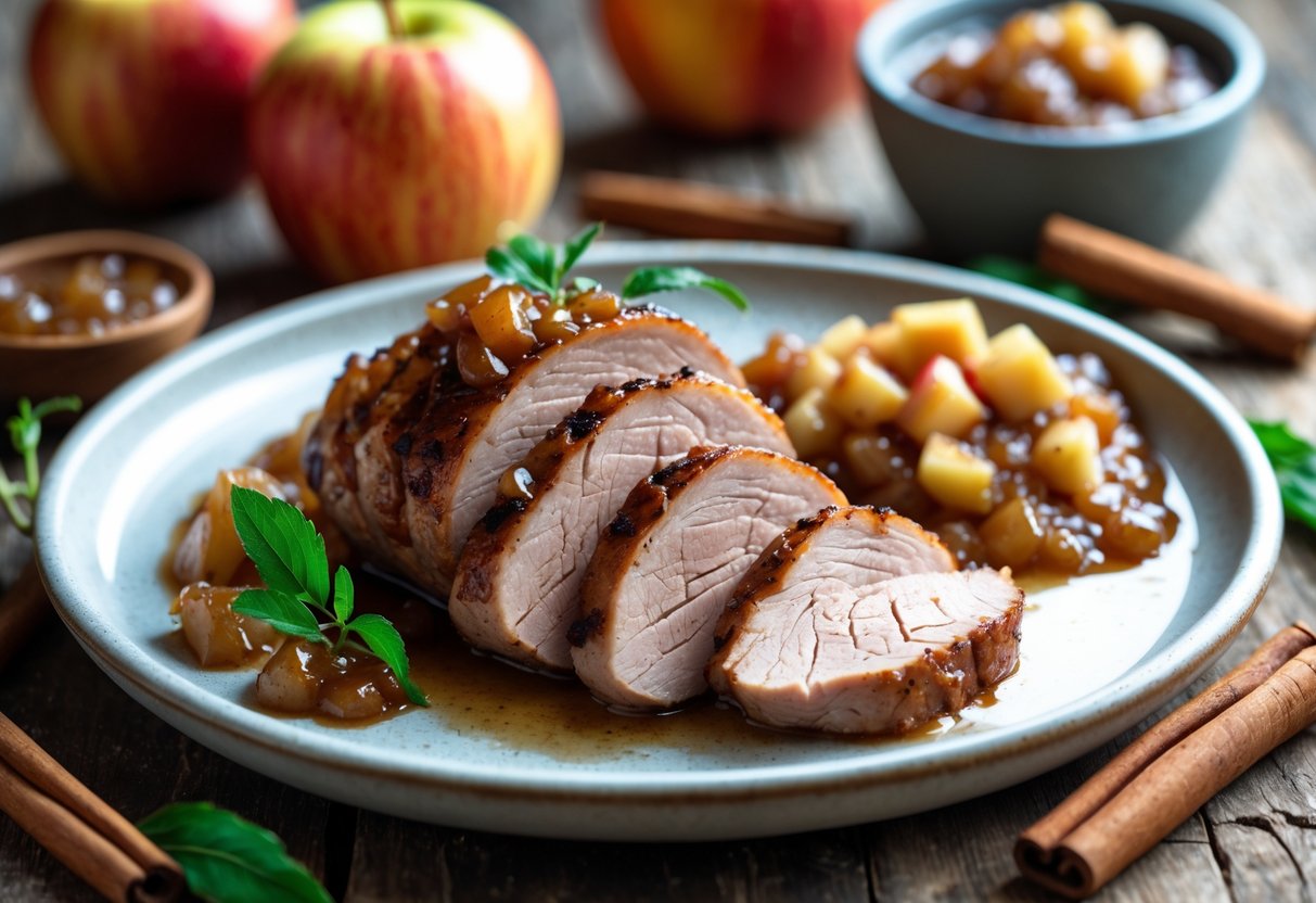 A plate of sliced pork tenderloin with apple chutney on the side, surrounded by fresh apples and spices on a wooden table.