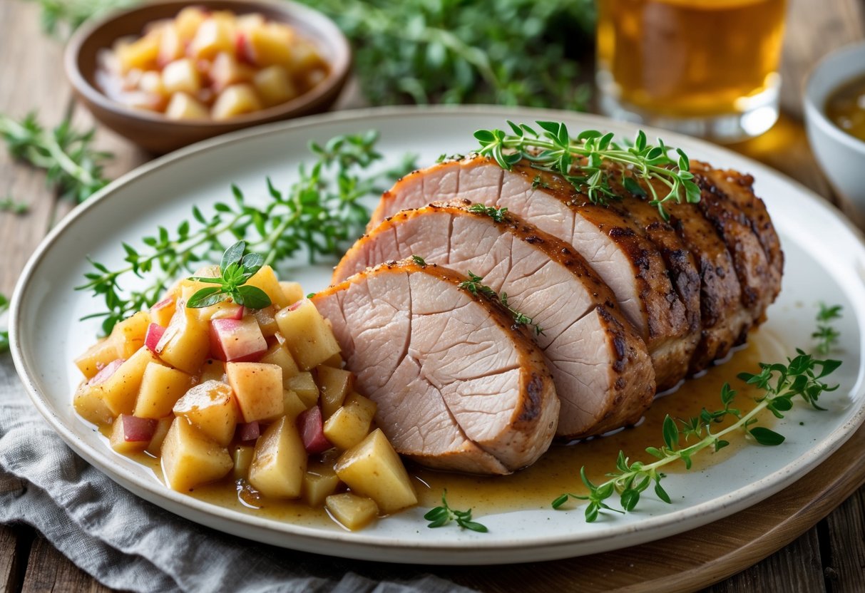 A plate of sliced pork tenderloin with apple chutney and fresh herbs on a wooden table.