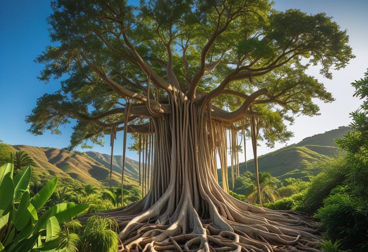 Un grand arbre banyan avec de nombreuses racines aériennes dans une vallée verdoyante sous un ciel bleu.