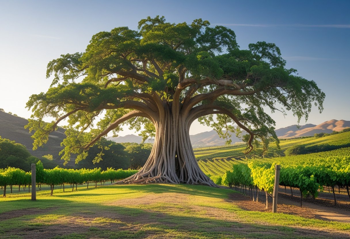 Un grand arbre banyan avec des racines aériennes dans un vignoble ensoleillé de la vallée de Guadalupe, Mexique.