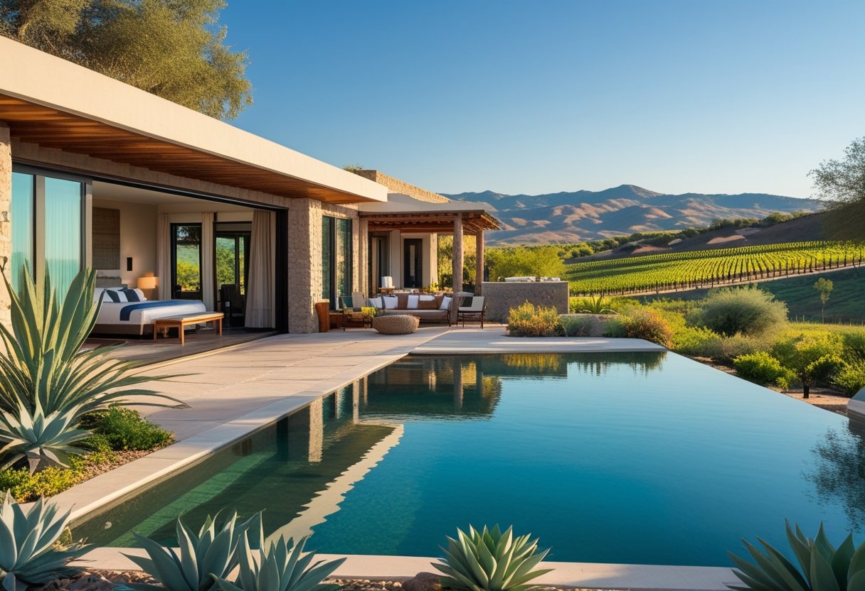 Villa de luxe entourée de végétation et de vignobles dans la vallée de Guadalupe au Mexique, avec une piscine à débordement et un ciel bleu.