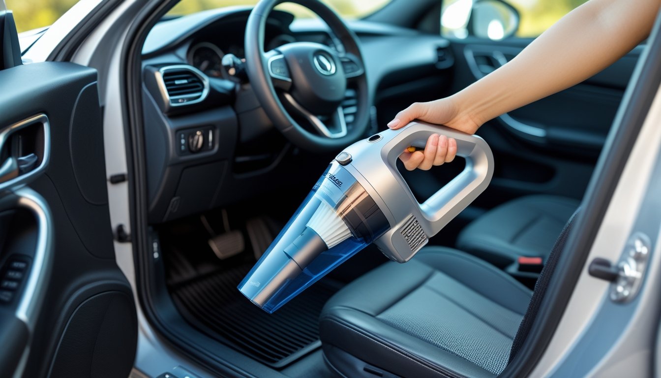 A person using a portable cordless vacuum cleaner to clean the interior of a car.