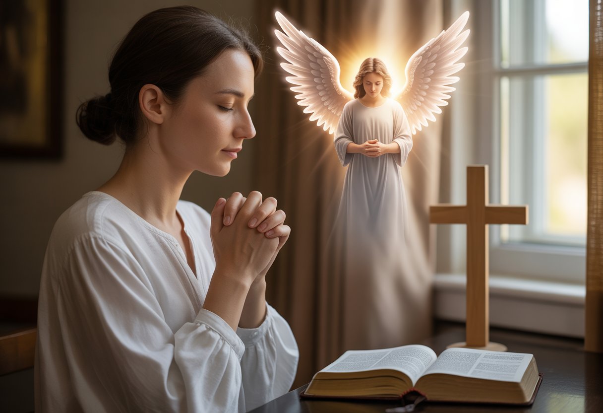 A person praying with clasped hands near a window, softly illuminated by natural light, with a faint glowing guardian angel figure in the background.