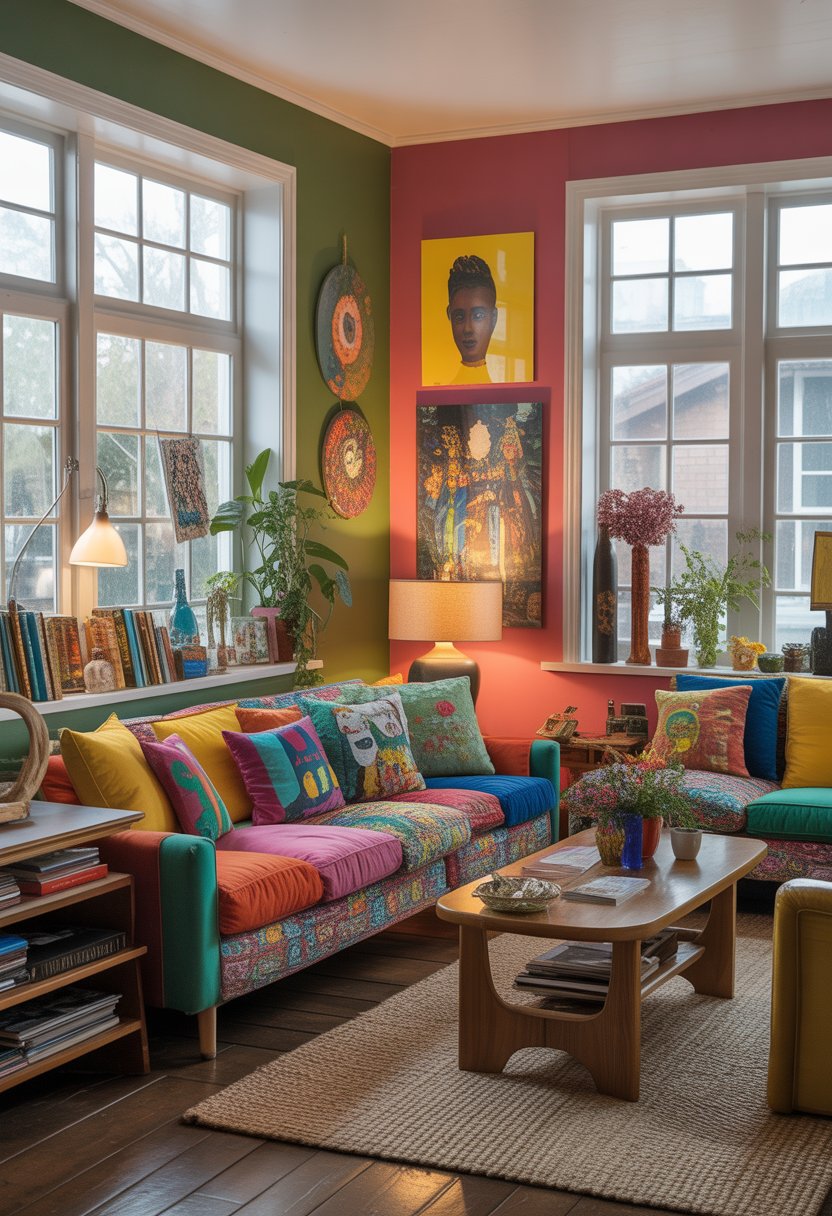 A colorful living room with vibrant walls, a sofa with patterned cushions, artwork, plants, and personal decor items.