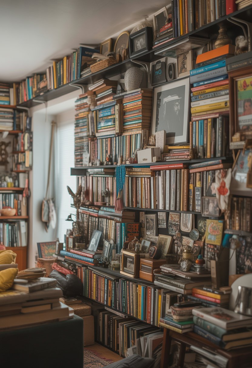 A cozy room with shelves filled with many books and personal items, creating a warm and cluttered atmosphere.