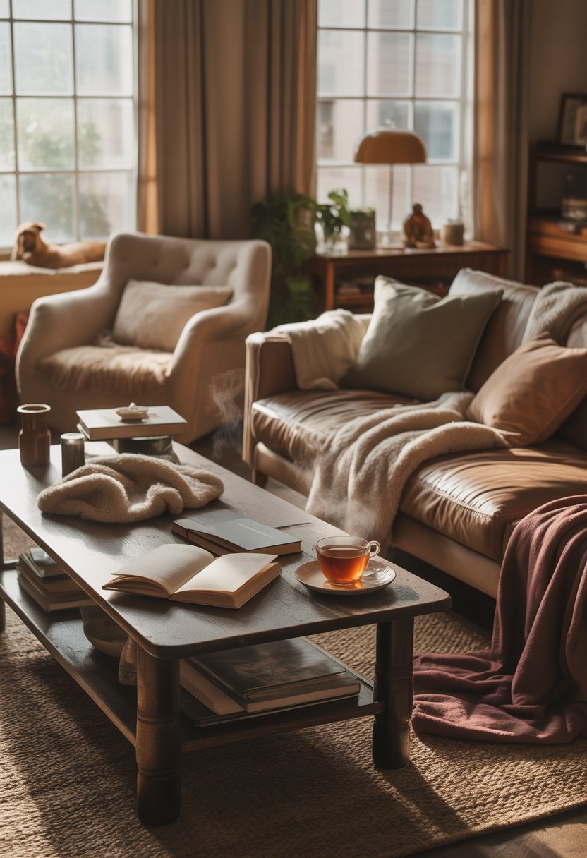 A cozy living room with comfortable furniture, personal items, and warm natural light.