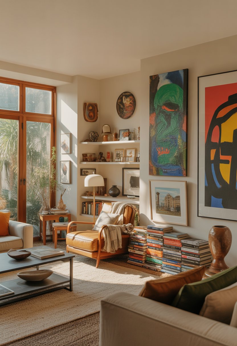 A bright living room with unique decorations, a cozy armchair, bookshelves, and personal items displayed.