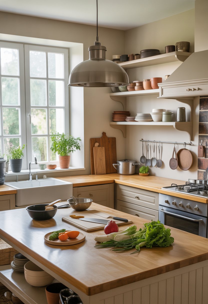 A bright kitchen with a wooden island, cooking tools, fresh vegetables, and natural light coming through a window.