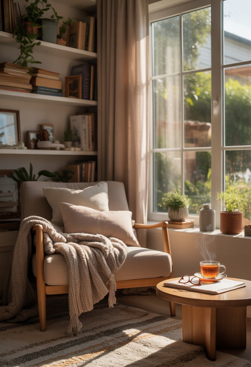 A cozy corner with a comfortable armchair, bookshelves, plants, and a window letting in sunlight, creating a peaceful and personal relaxation space.