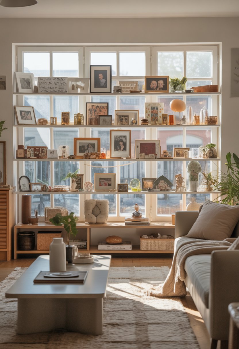 A living room with personal keepsakes and family photos displayed openly on shelves and a coffee table, filled with natural light.