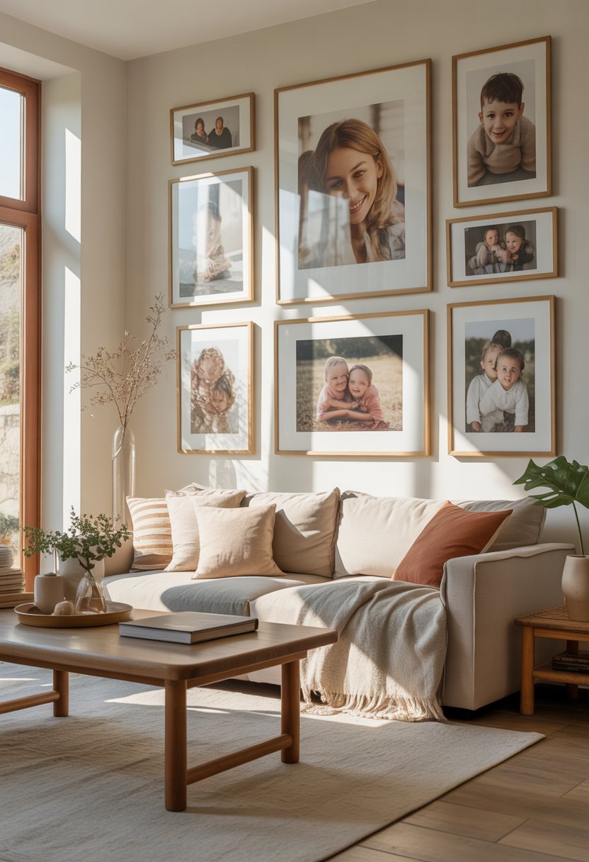 A living room with walls displaying family photos and personal pictures, a sofa, a coffee table, and natural light coming through windows.