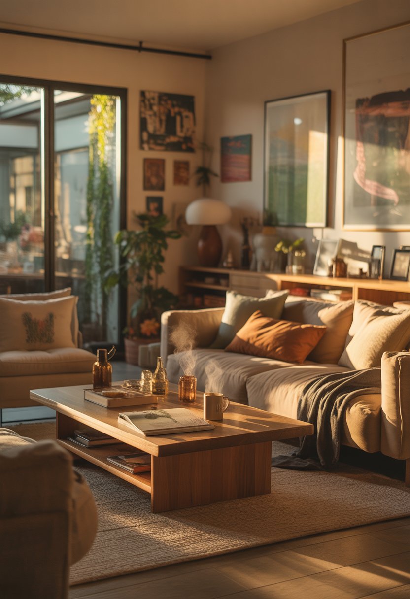 A warm and cozy living room with comfortable furniture, personal decor, and soft natural light creating a welcoming atmosphere.