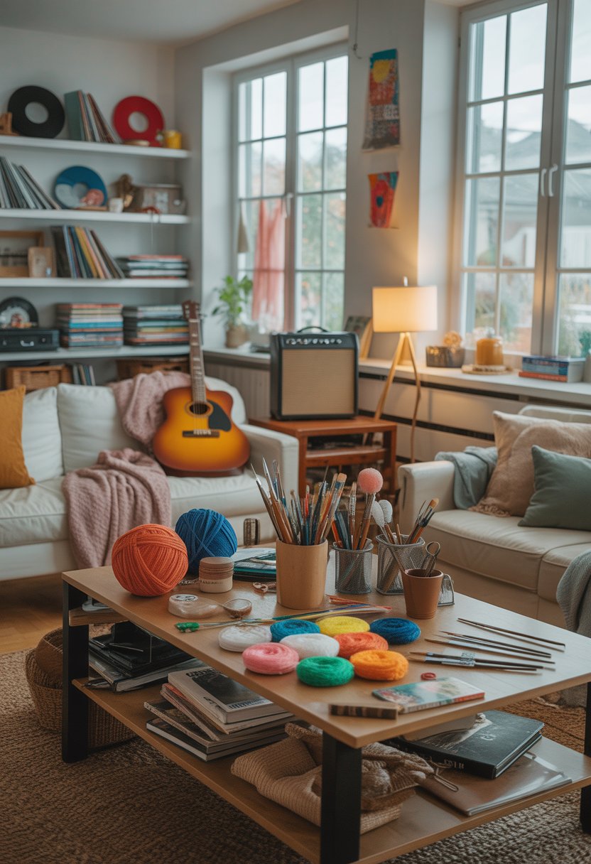 A living room featuring music equipment and a crafting station, filled with personal hobby items and natural light.