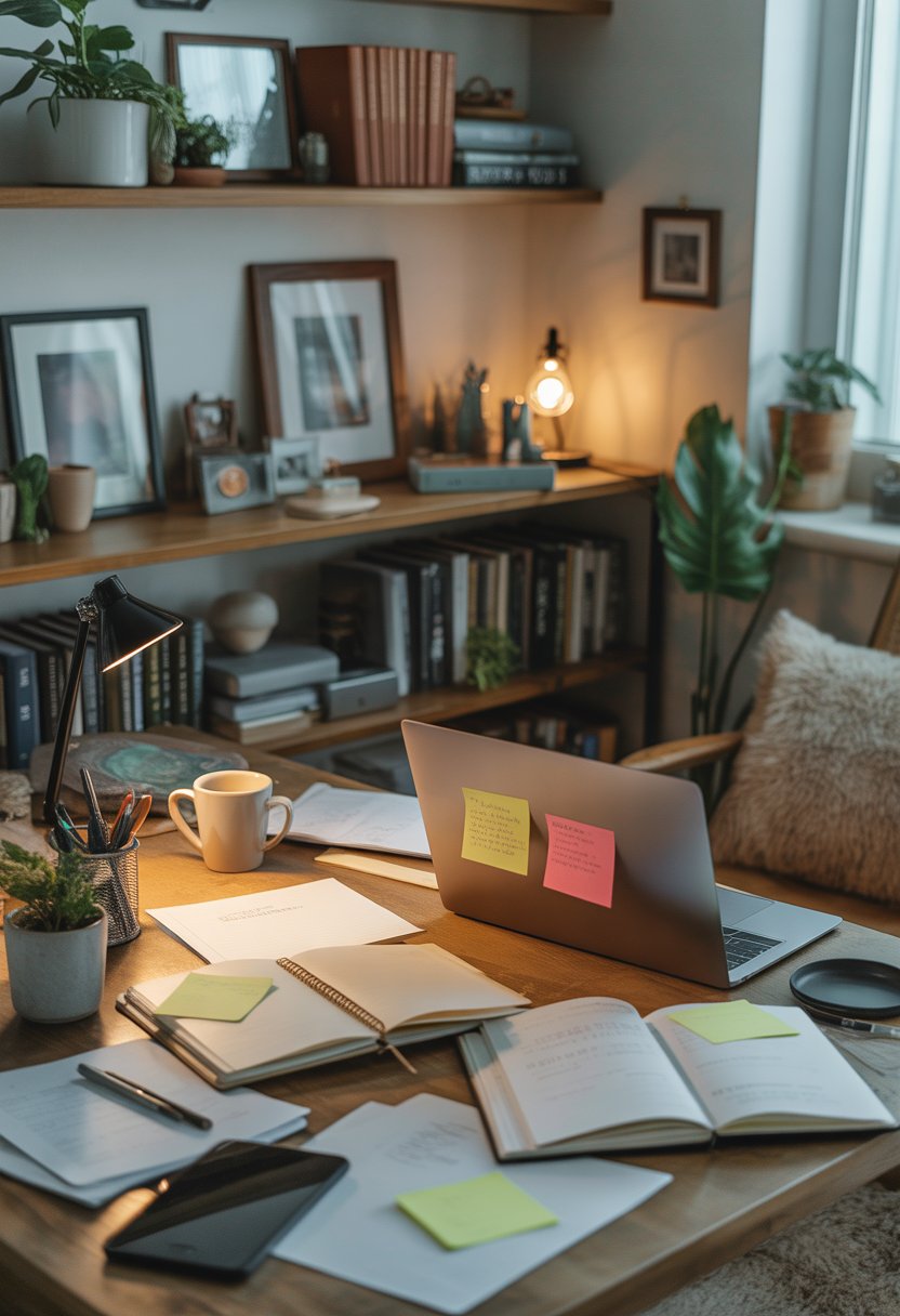 A cluttered home office desk with papers, notebooks, a laptop, and personal items, bathed in natural light.