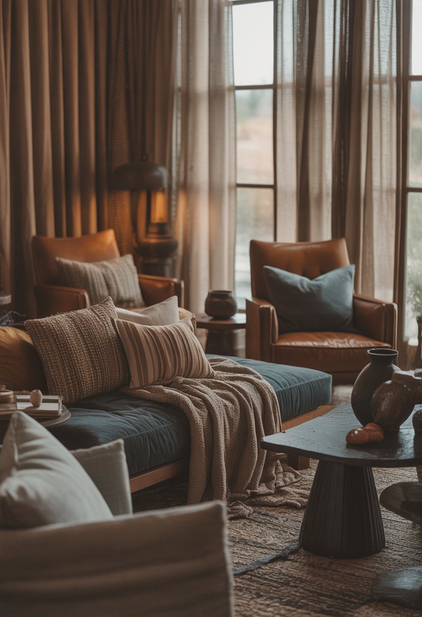 A cozy living room with various textured fabrics including velvet cushions, woven throws, leather chairs, and linen curtains illuminated by natural light.