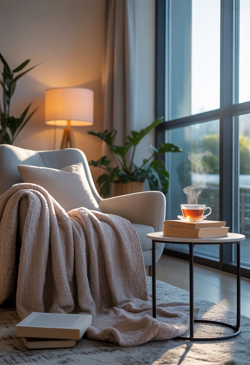 A cozy corner with a comfortable armchair draped with a blanket, a side table with a cup and books, a potted plant, and soft natural light coming through a window.