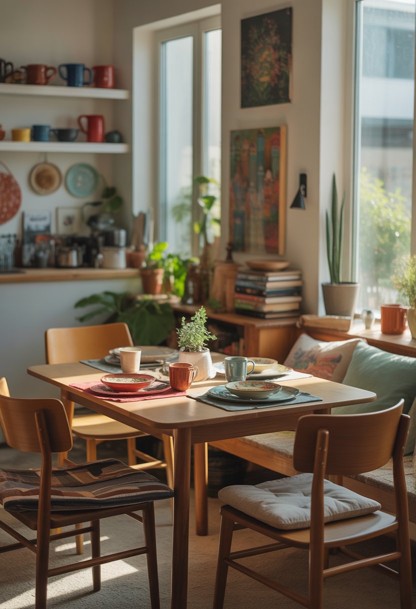 A casual dining table set with colorful dishes in a cozy home dining area filled with plants and personal decorations.