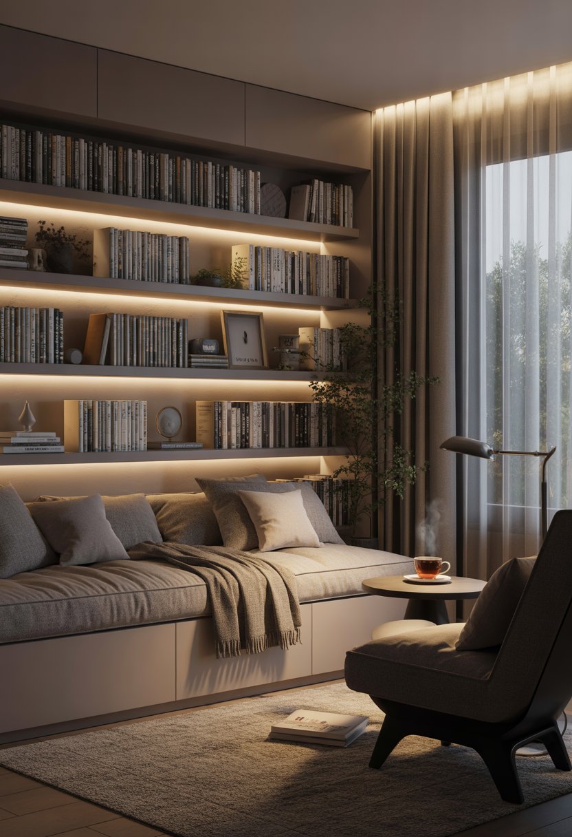 A cozy reading nook in a modern home with a comfortable armchair, bookshelves, soft natural light, and warm, inviting decor.
