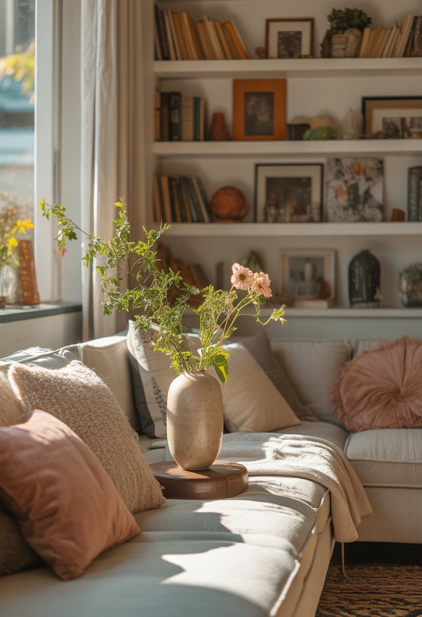 A sunlit living room with cozy seating, fresh flowers, and personal decorations creating a warm and inviting atmosphere.
