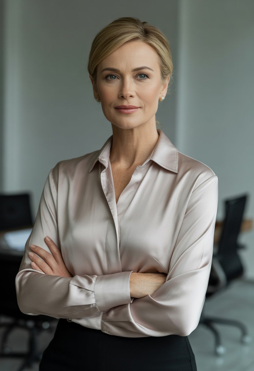 A confident woman over 40 wearing a silk blouse standing in a modern office setting.